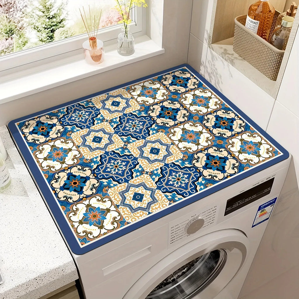 Dustproof absorbent washing machine mat with abstract print in front of a washing machine
