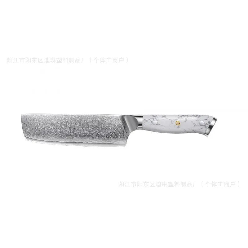Damascus pattern chef's knife with VG10 steel blade and modern handle for kitchen use