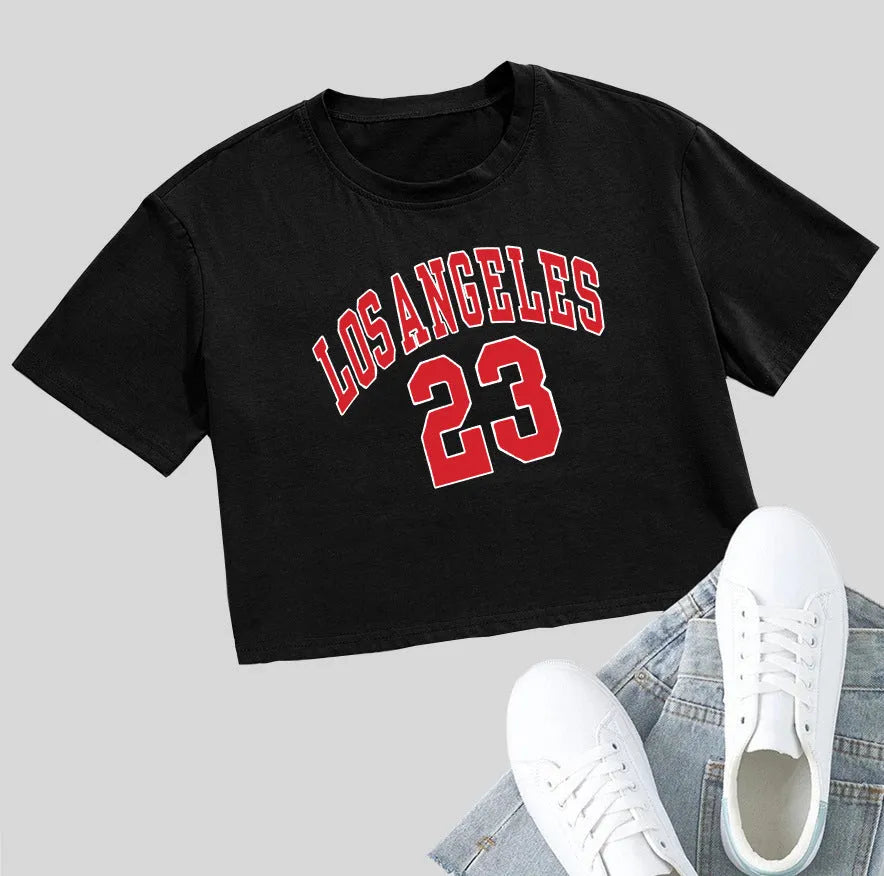 A black loose-fit cotton T-shirt with an exposed navel design and personalised English text printing on the front.