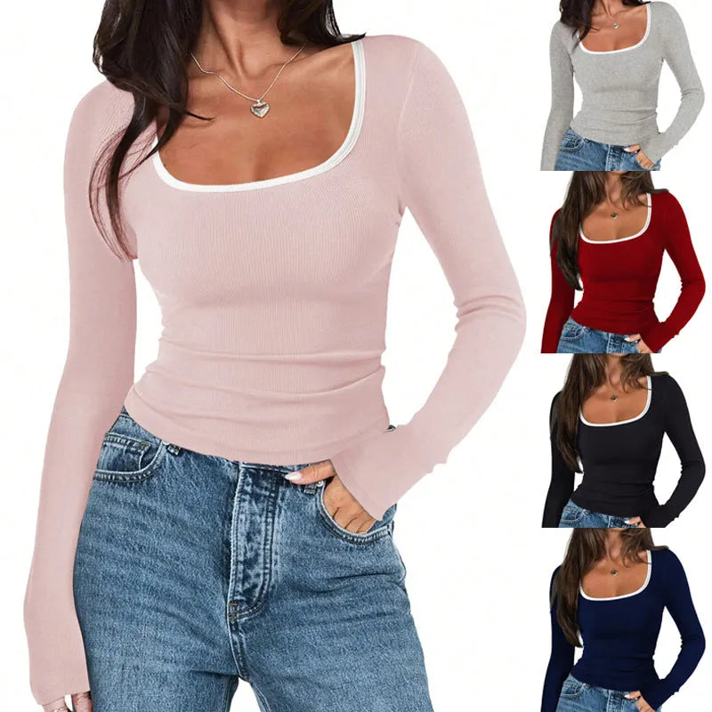Women's square collar cotton pullover top in slim fit with long sleeves shown in multiple colours