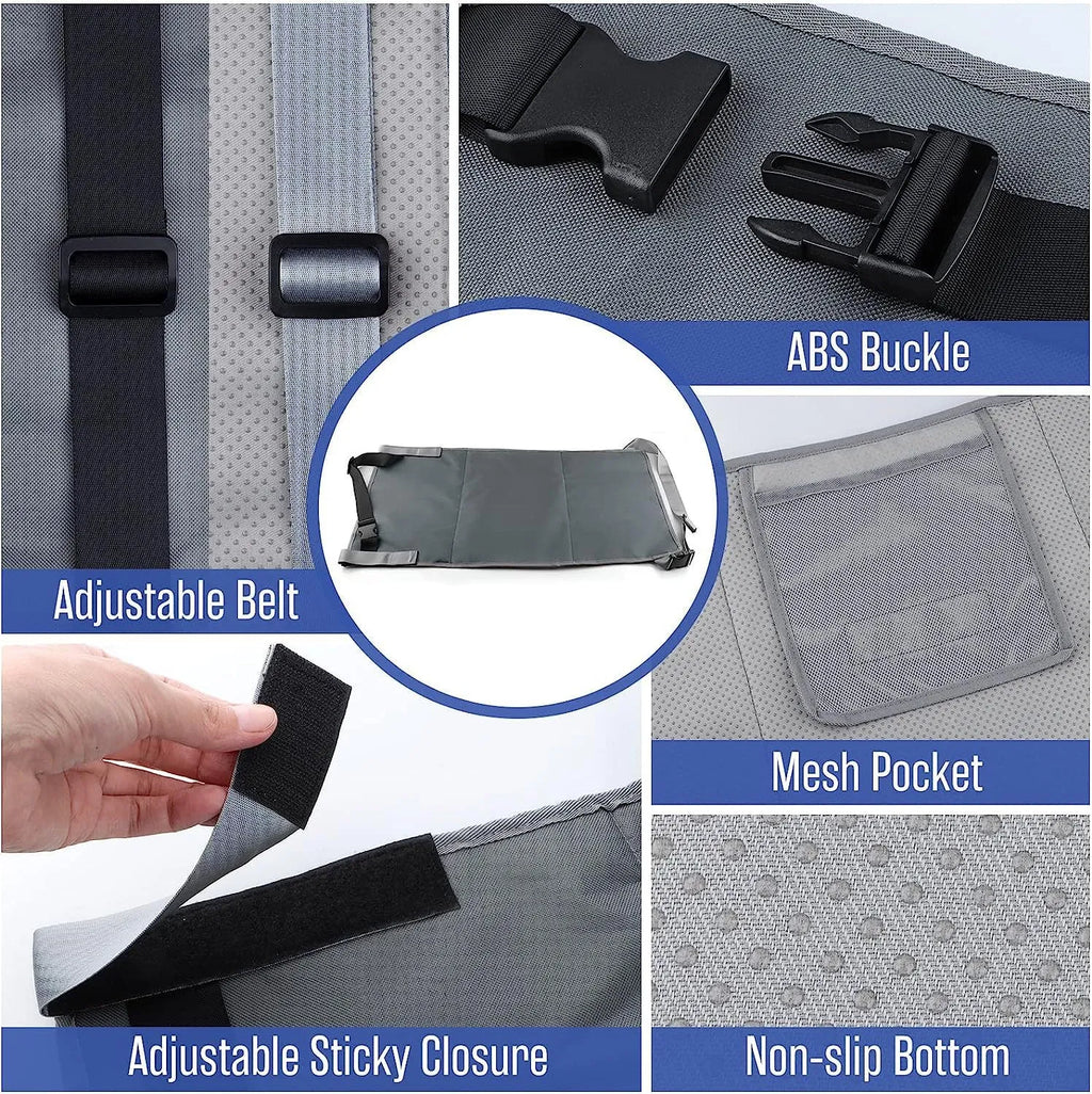 Portable children's aircraft pedal seat extender in blue, black or grey with optional drawstring pocket