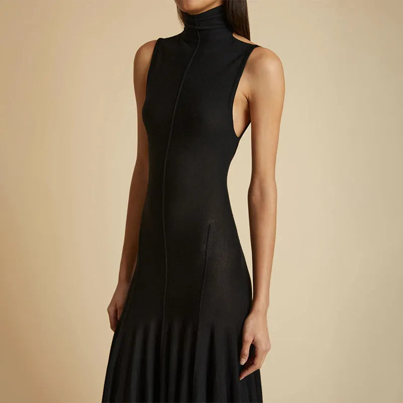 Grey cotton backless half turtleneck dress with high waist and sleeveless design