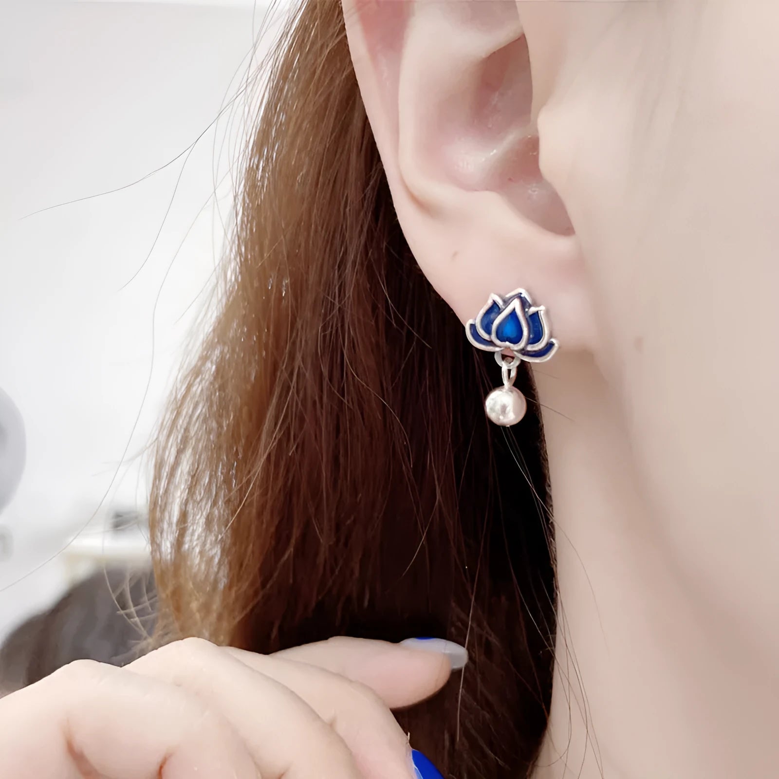 Blue lotus seedpod and tassel drop earrings for women, alloy with silver needle, 1.2cm wide.