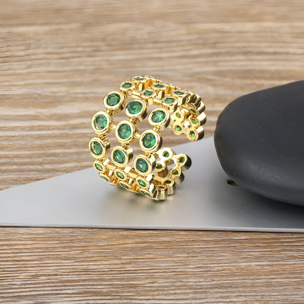 Wide copper ring with 18K gold plating and green zircon stones, unisex jewellery