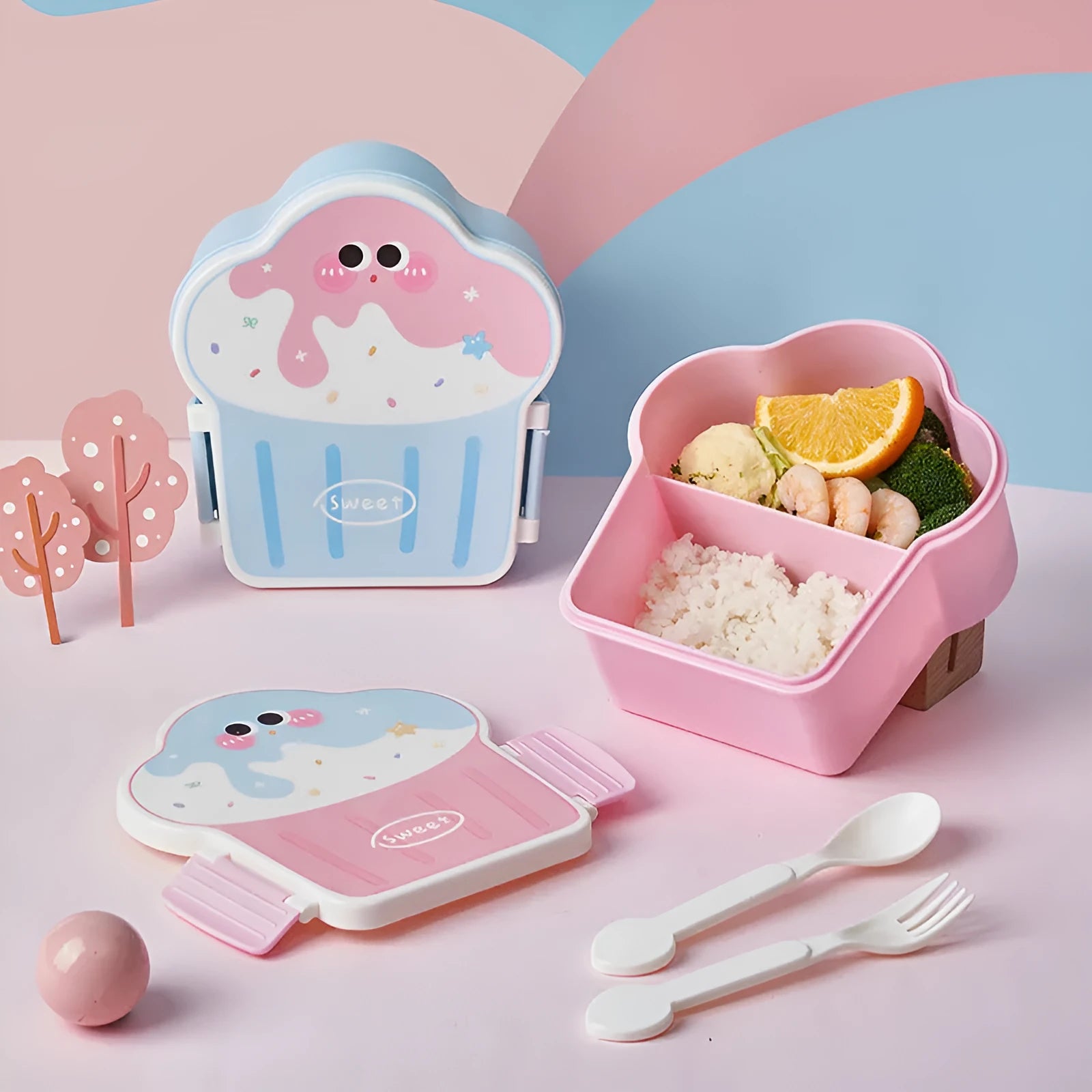 Creative ice cream shaped plastic lunch box with spoon and fork set in blue or pink colours