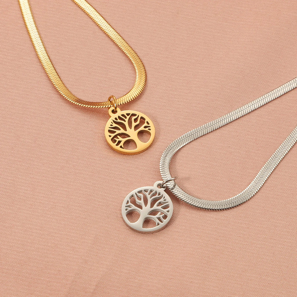 Stainless steel necklace with a U-shaped titanium steel tree pendant on a snake bones chain.