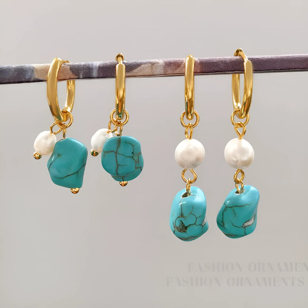 A pair of long and a pair of short geometric clip-on earrings with turquoise and cultured pearls.