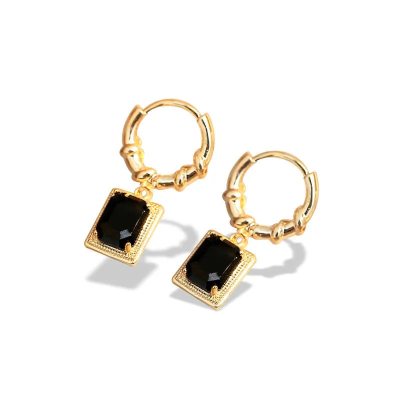 Geometric quadrilateral black zircon earrings with copper construction and retro French Court styling