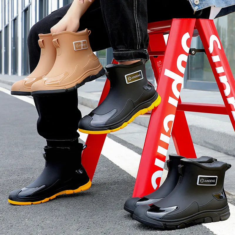 PVC waterproof wading boots with short tube design and flat heel