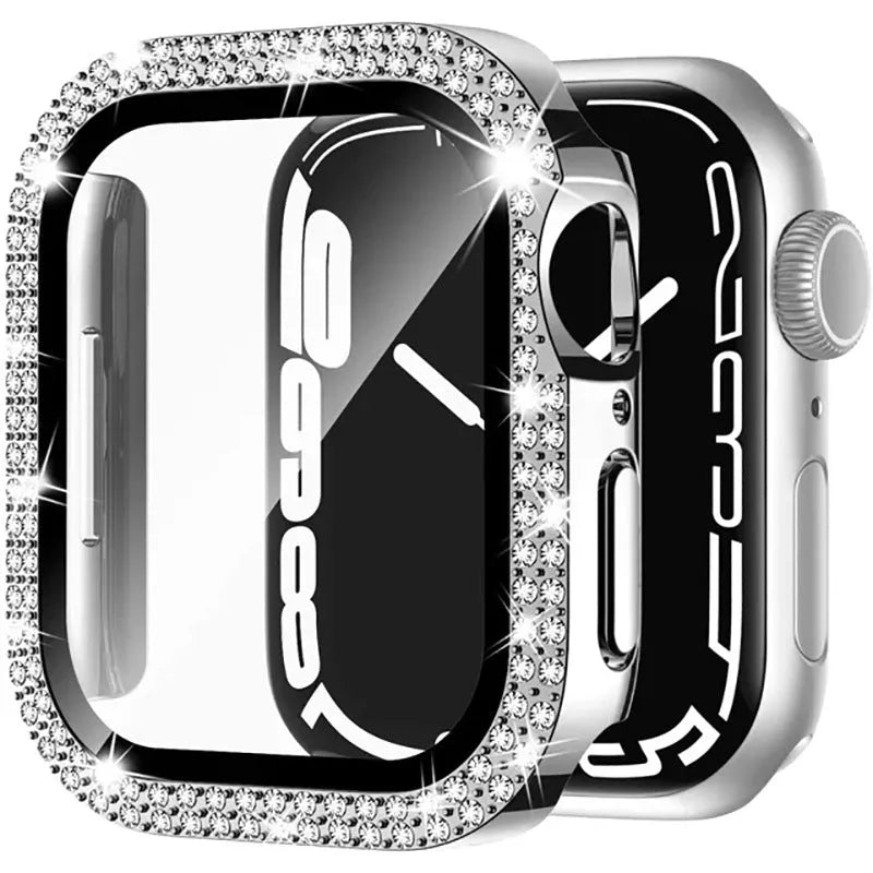 Double diamond glass Apple Watch case in rose pink, showing screen protection for a smartwatch.