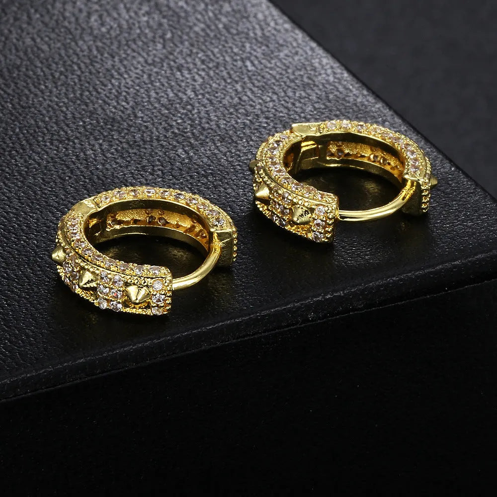 Geometric hip hop ear clip earrings with full diamond design and circular decorative elements