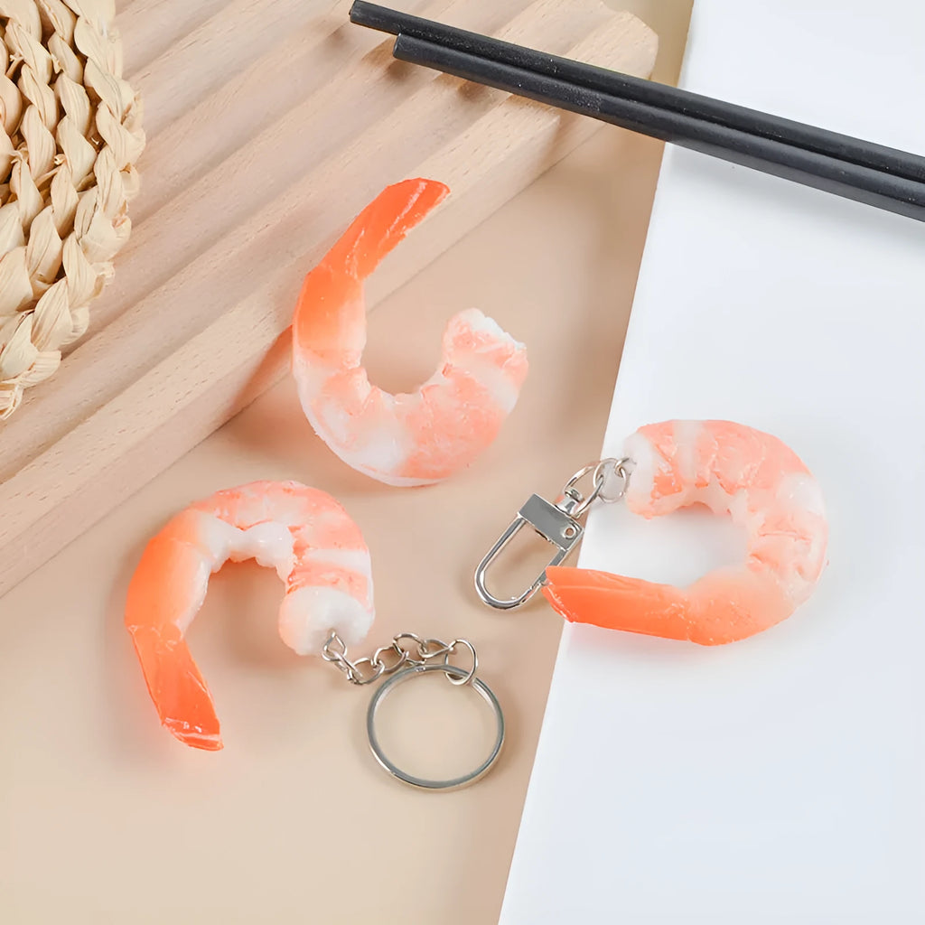 PVC simulation seafood shrimp keychain with 1.5cm thickness measurement showing injection moulding details