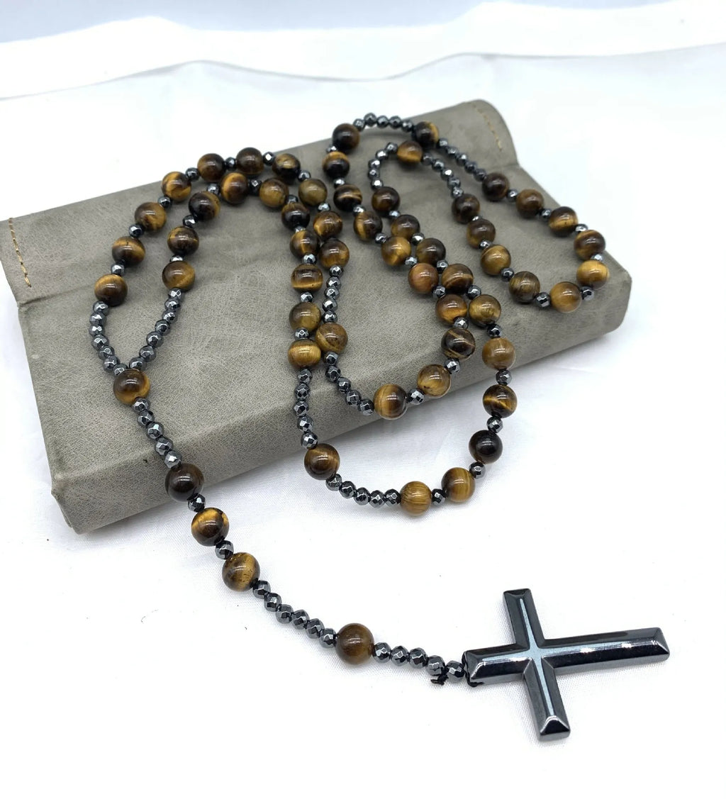 Men's stone cross pendant necklace with hand-woven detail on ball bead chain
