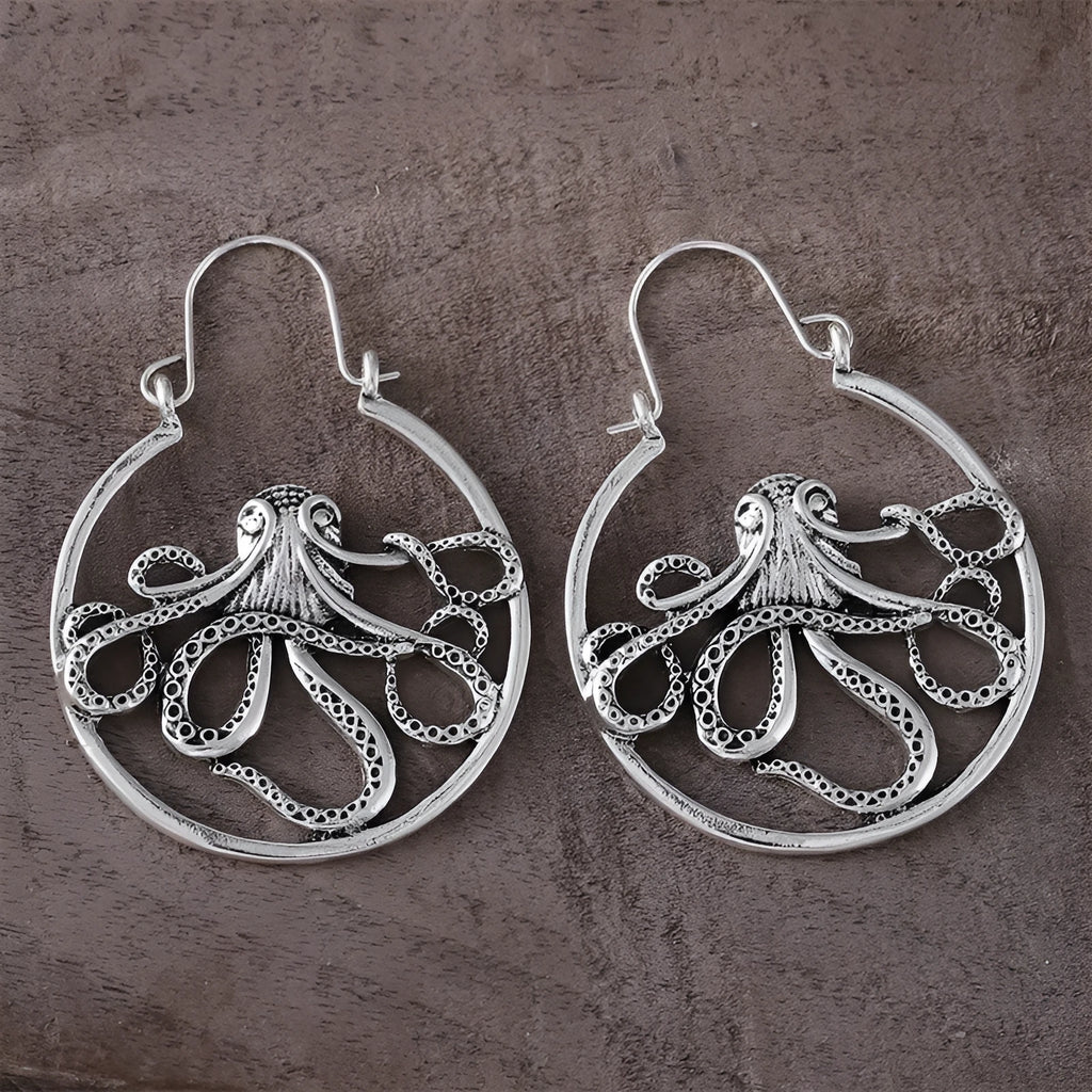 Vintage octopus earrings in antique silver finish with retro animal styling