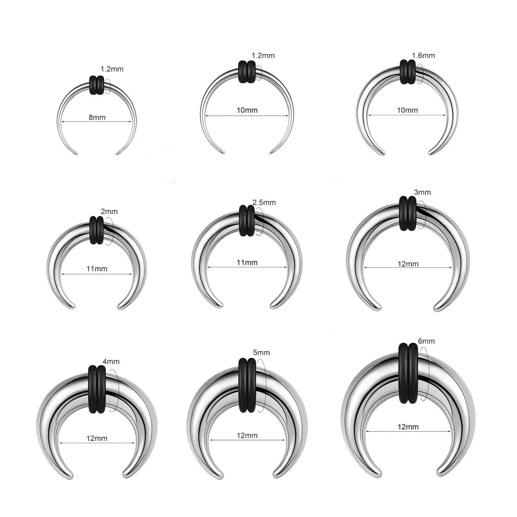 316 stainless steel C-shaped nose ring with buffalo horn detail in black and steel colour, showing size options.