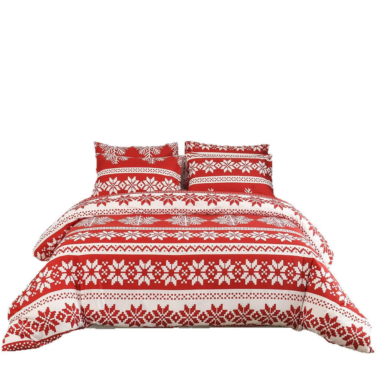 Red Winter Sleepers patterned quilt cover and pillowcases on a bed, modern simplicity style.