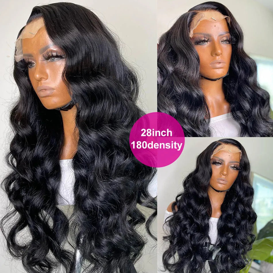 Black synthetic long curly wig with front lace and side swept bangs on a mannequin head.