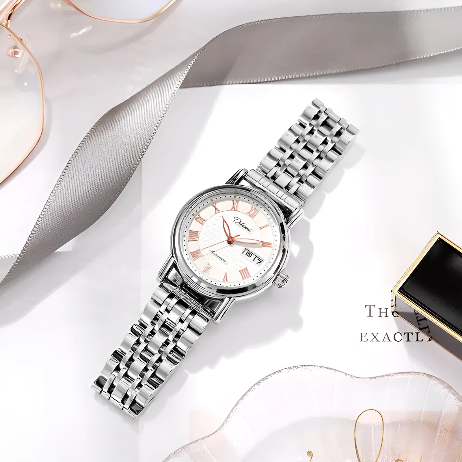 Women's automatic mechanical watch with 12mm case on steel bracelet and leather strap colour options