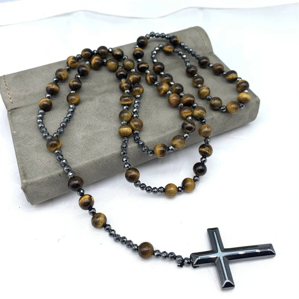 Men's stone cross pendant necklace with hand-woven detail on ball bead chain