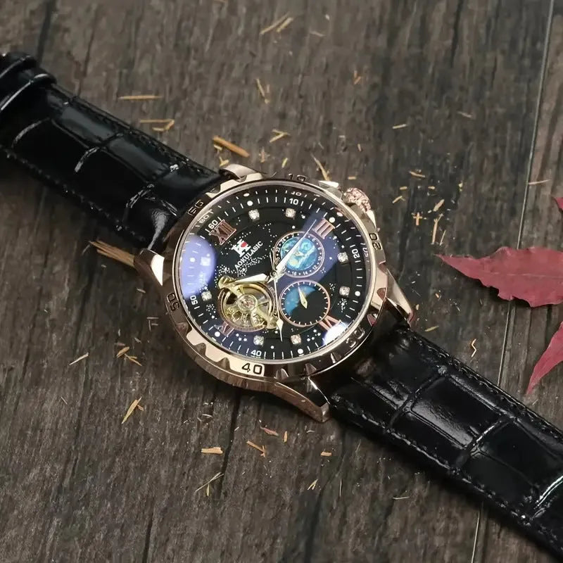 Men's automatic mechanical watch with large hollow dial and rose gold shell casing