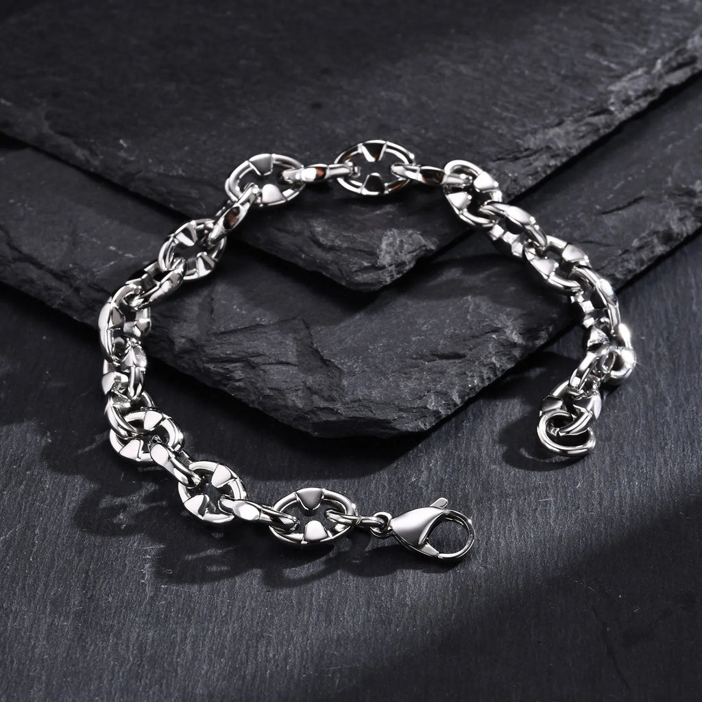 Handmade geometric stainless steel chain bracelet for men in a steel colour.
