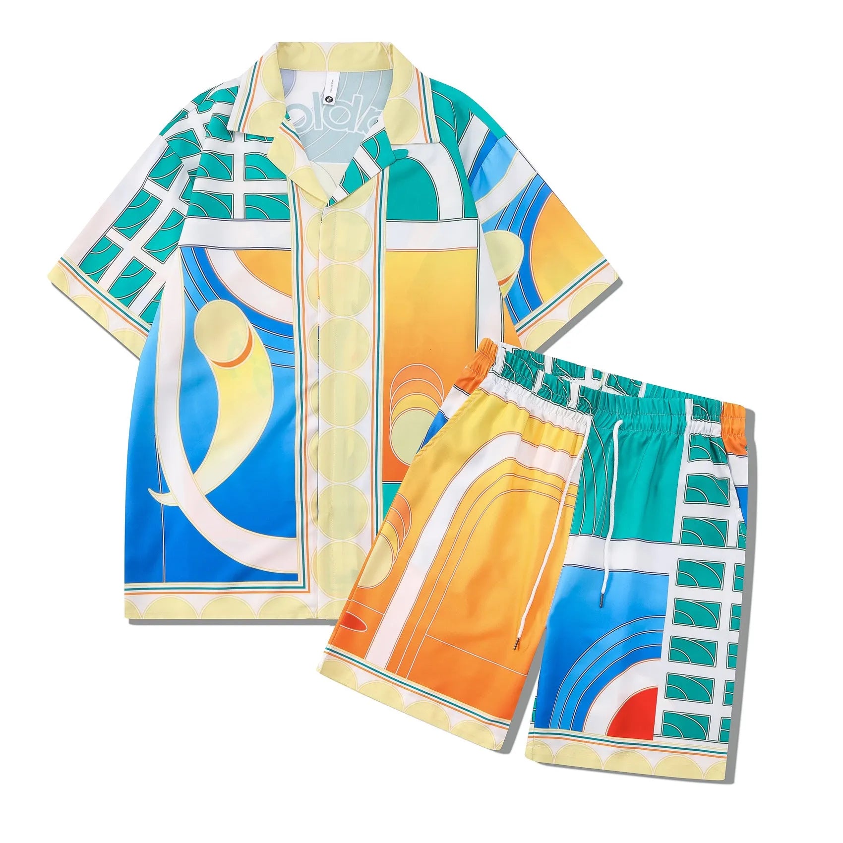 Plaid patterned beach shirt and trousers outfit set for men and women in polyester fabric