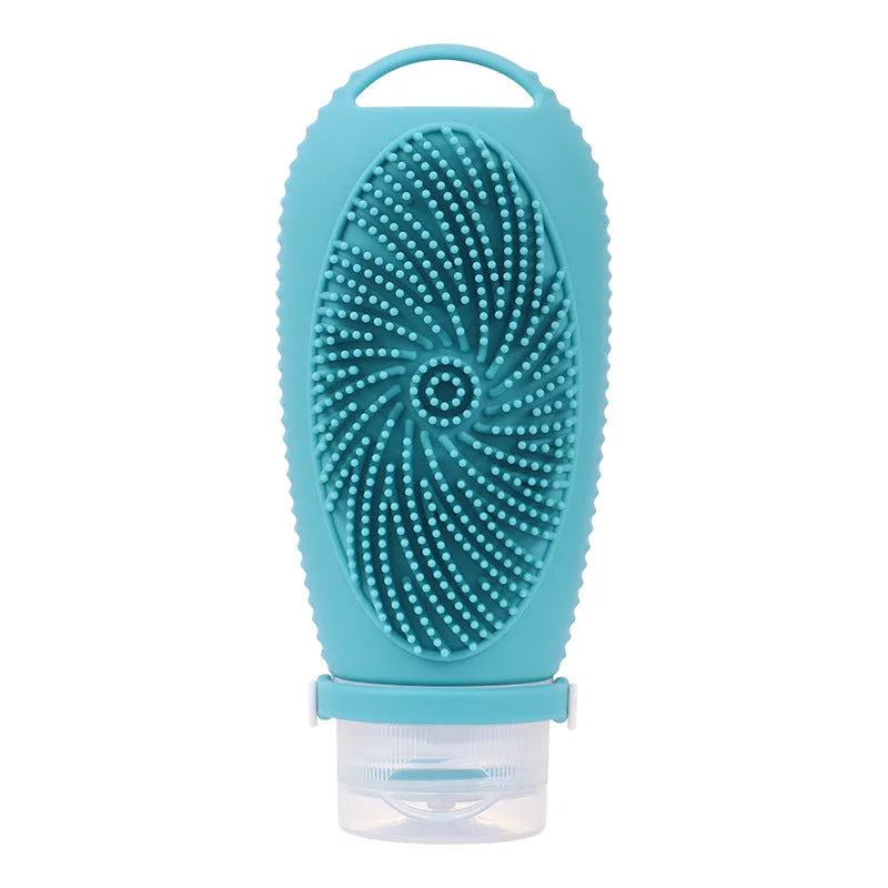 Silicone bath brush storage bottle in various colours showing 100ml capacity for bathroom organisation
