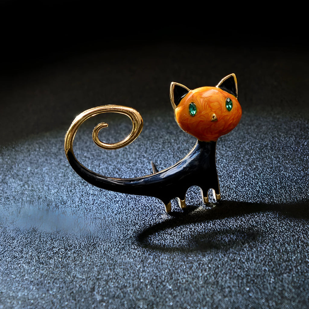 Personalised painted kitten brooch with tail-up cat design in alloy metal, white or orange colour option