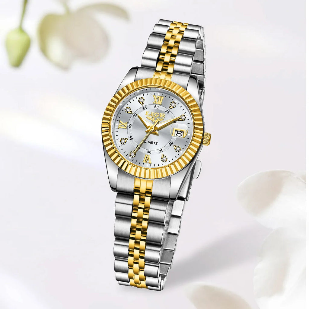 Women's waterproof quartz watch with 10mm case in gold or silver with contrasting dial colours