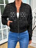 Black women's casual jacket with geometric pattern and semi-transparent thread detail, zip front.