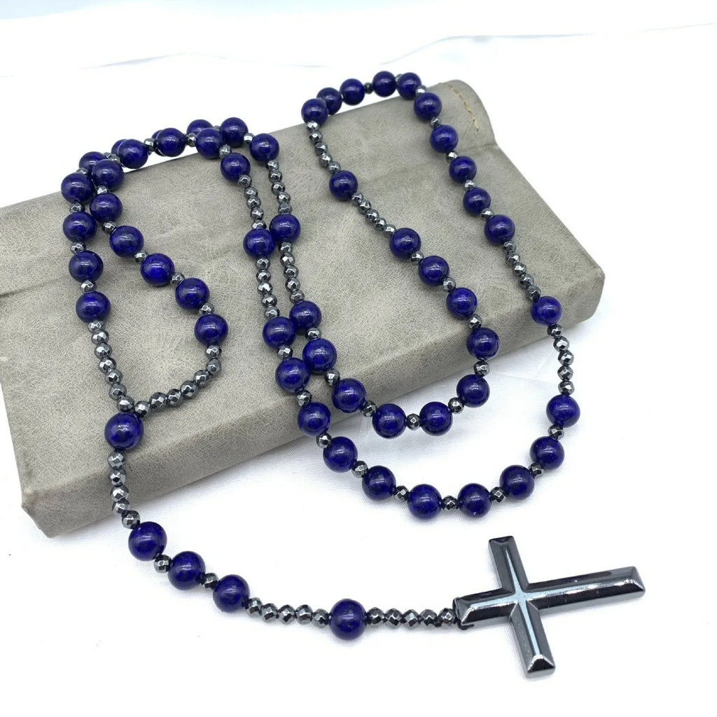 Men's stone cross pendant necklace with hand-woven detail on ball bead chain