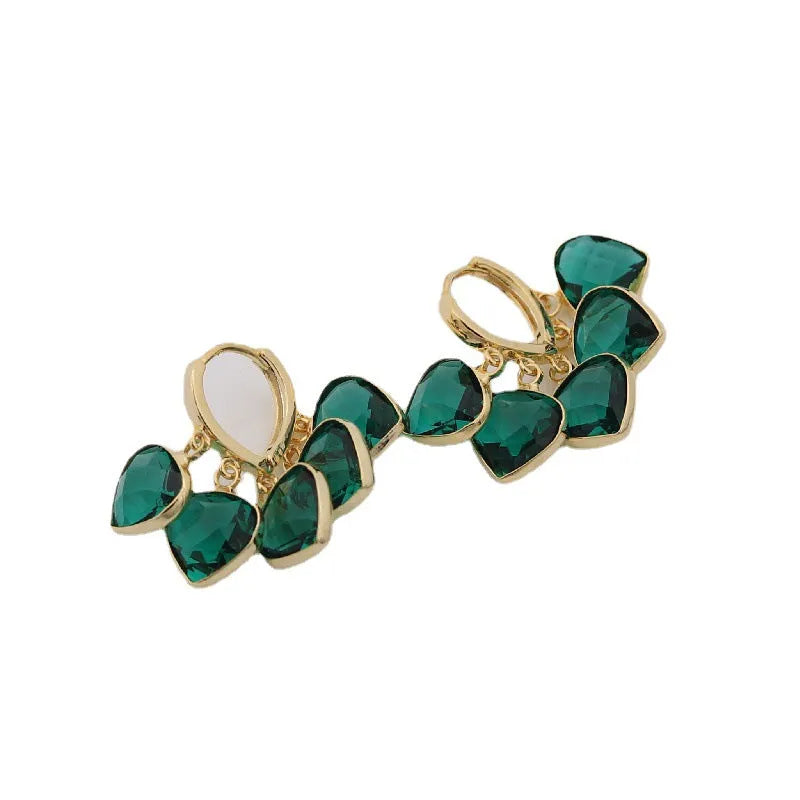 Korean style green heart glass ear clip earrings with dancing pendant design
