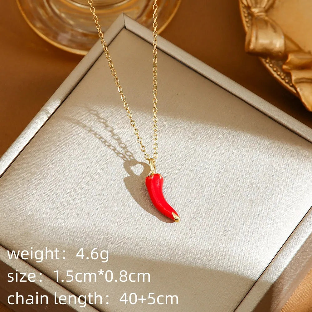 Women's titanium steel necklace with O-ring chain and indie style strawberry, cherry and pepper pendant charms