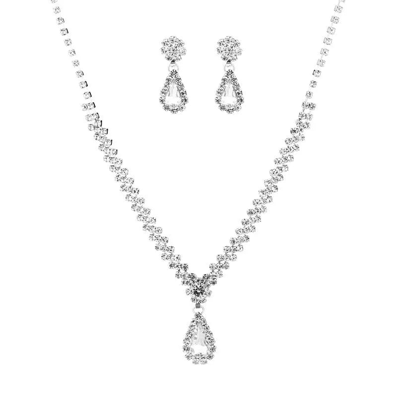 Claw chain rhinestone jewellery set with water drop design in blue, red, green, pink or white colours
