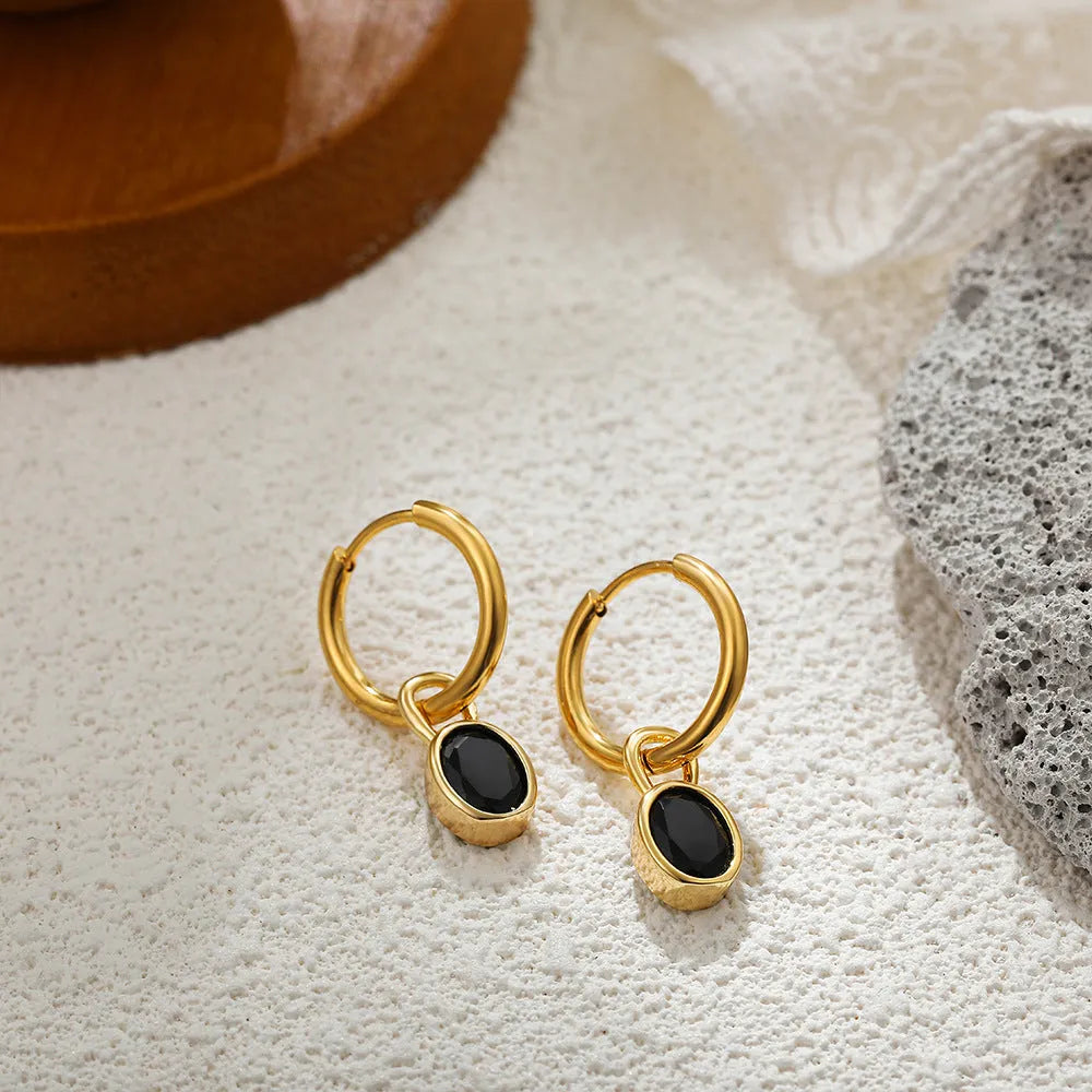 Women's retro oval drop earrings with zircon, shown in an Army Green colour option.