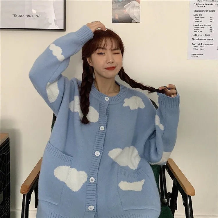 Blue cloud pattern women's cardigan sweater with loose fit and long sleeves