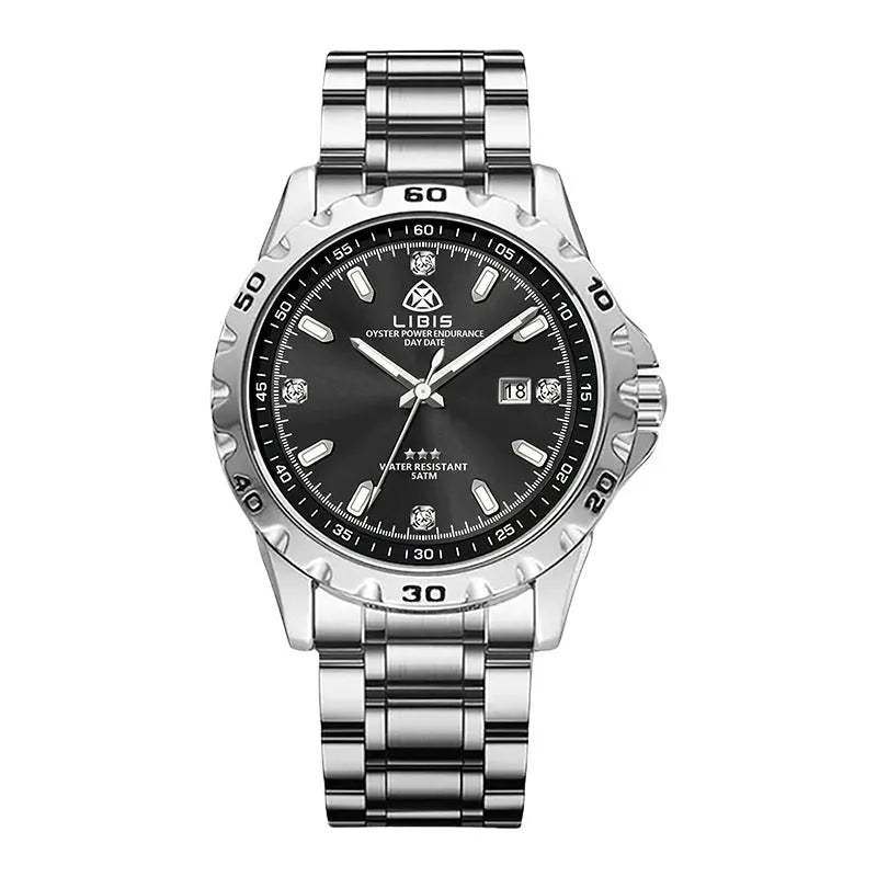 Men's silver business watch with luminous dial and stainless steel strap in black or grey options