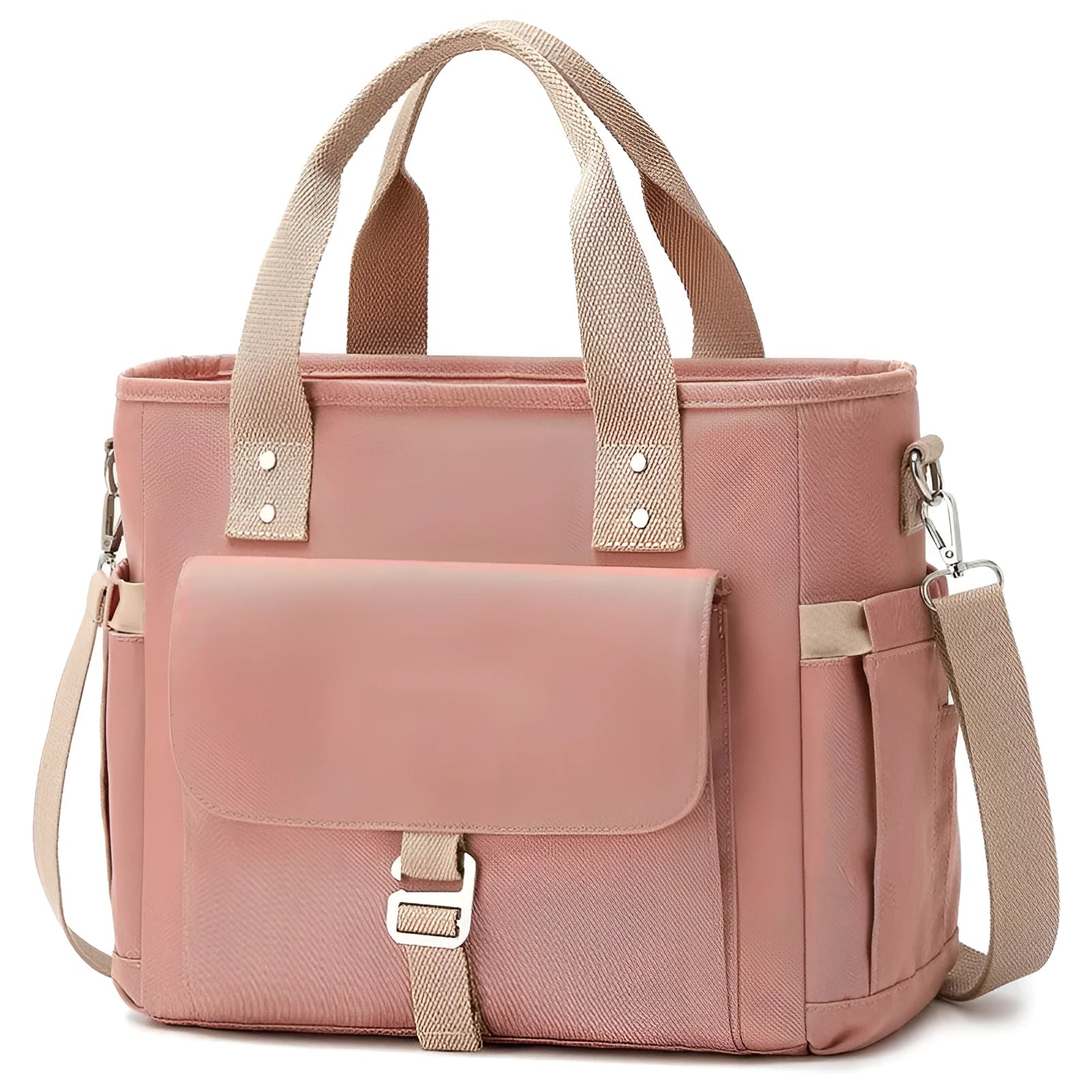 Cube-shaped pink Oxford cloth picnic bag with a removable shoulder strap and side pocket, shown on a wooden table.