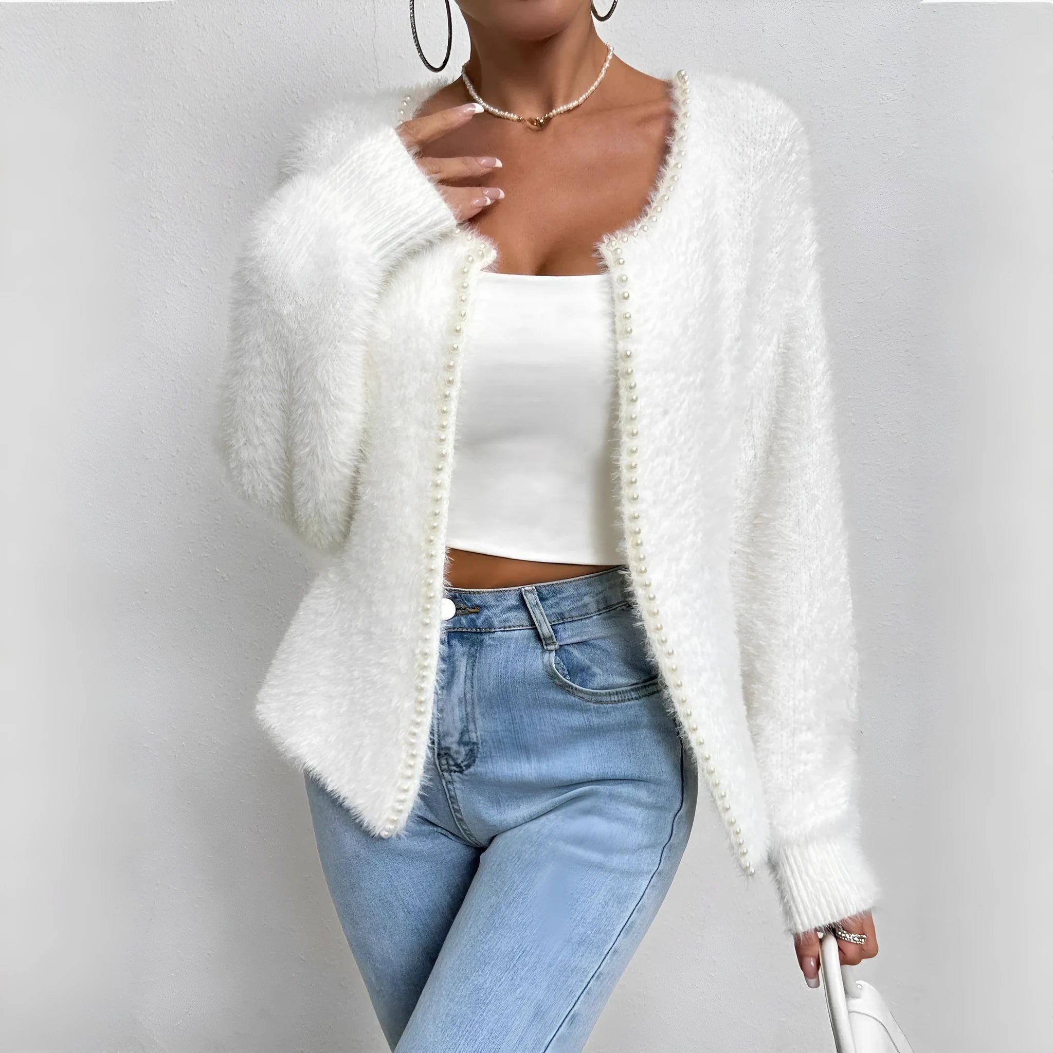 White women's cardigan with V-neck and beaded knit detail