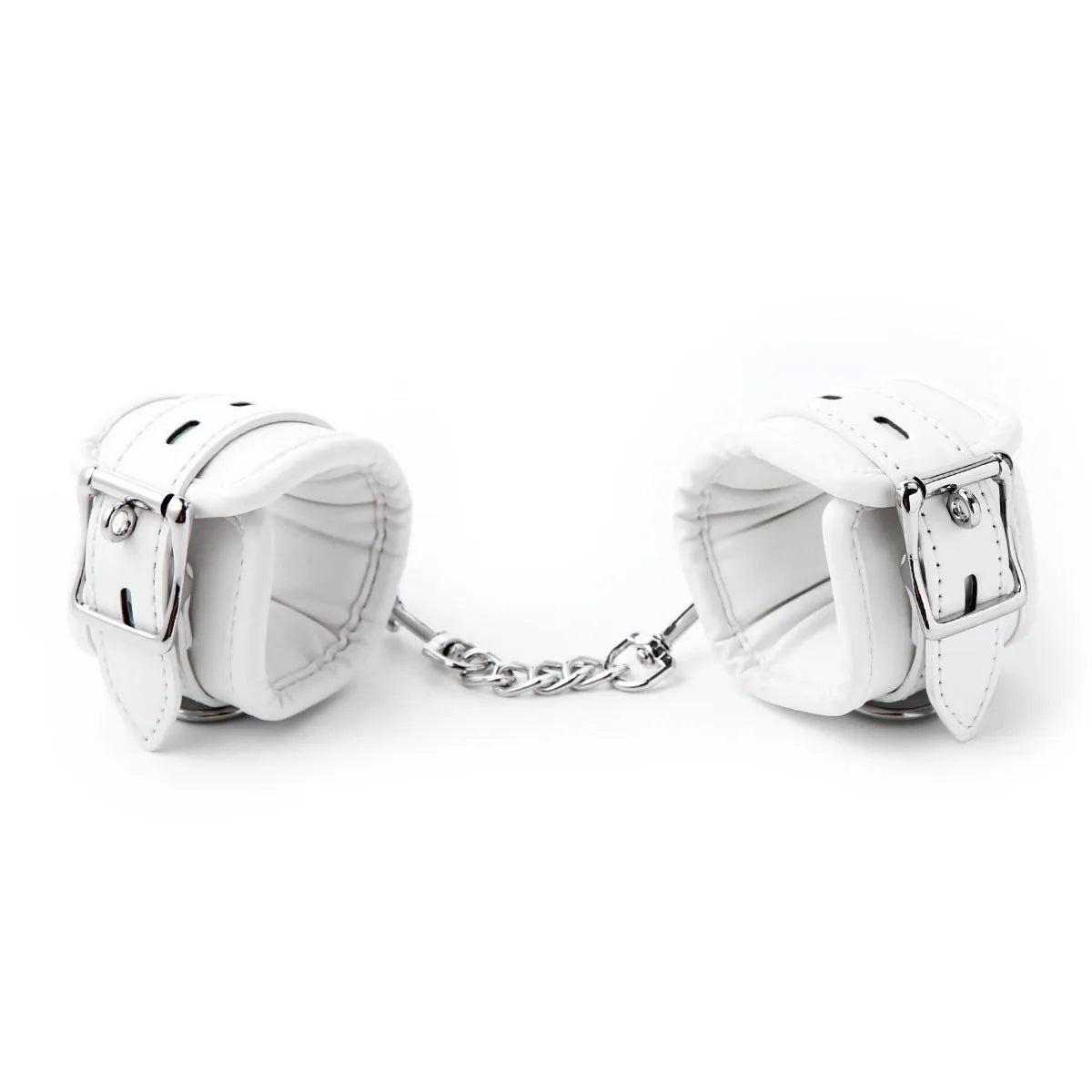 White PU sponge bondage set showing handcuffs, ankle cuffs, and a neck cuff on a neutral background.