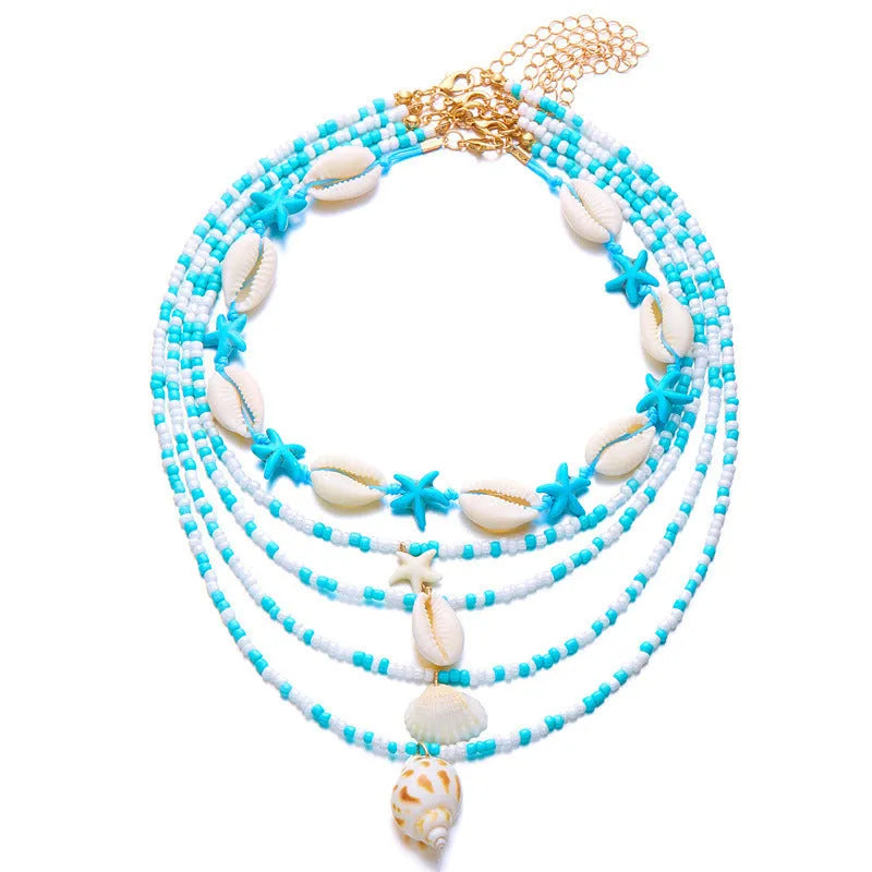 Women's 5-piece starfish shell bead necklace set with adjustable perimeter