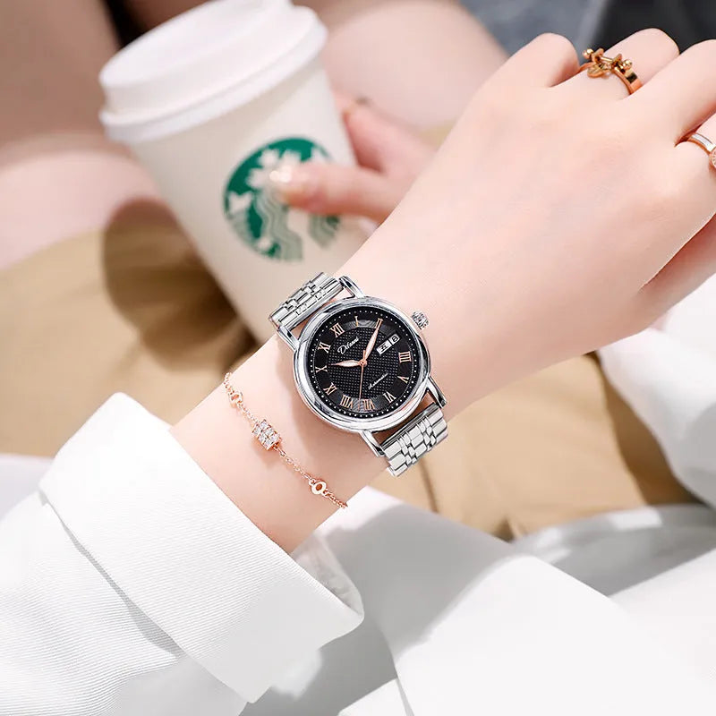 Women's automatic mechanical watch with 12mm case on steel bracelet and leather strap colour options