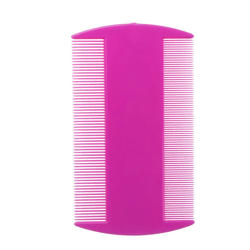 Double-edged plastic fine tooth flea and lice comb in assorted colours on a white background.