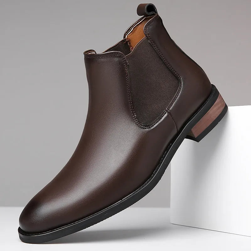 Men's Chelsea boots in black and light brown with pointed toe and mid-calf height