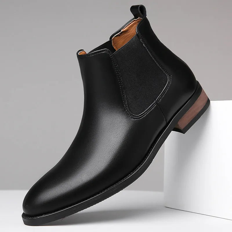 Men's Chelsea boots in black and light brown with pointed toe and mid-calf height