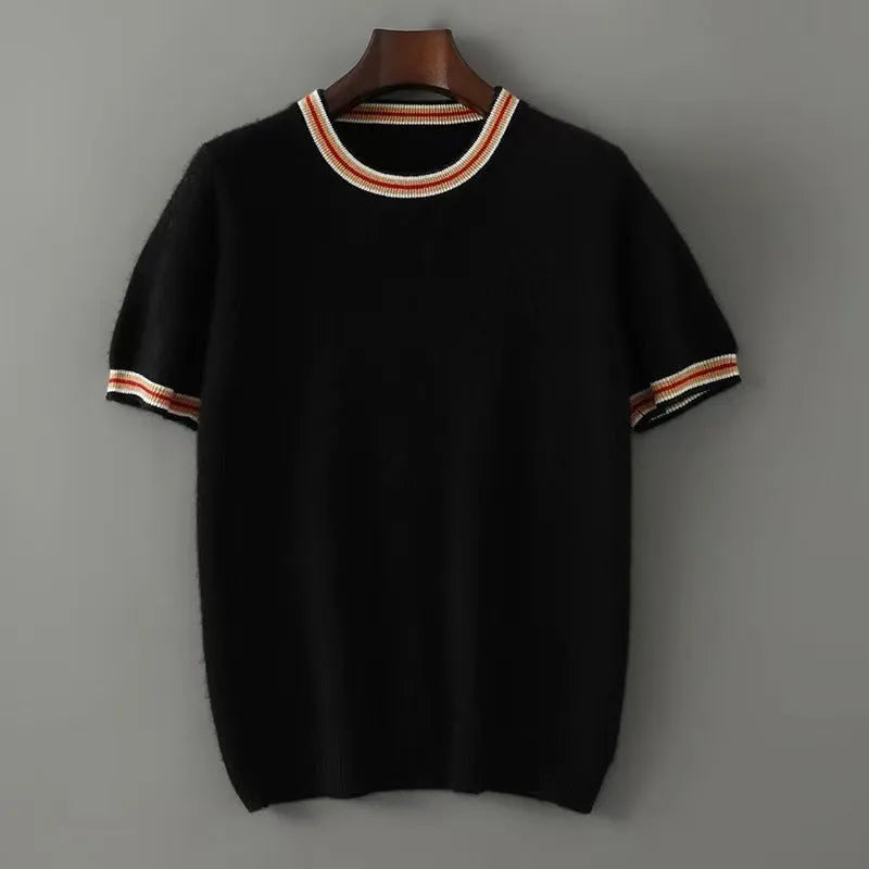 Men's grey round neck short sleeve pure wool pullover sweater on a hanger.