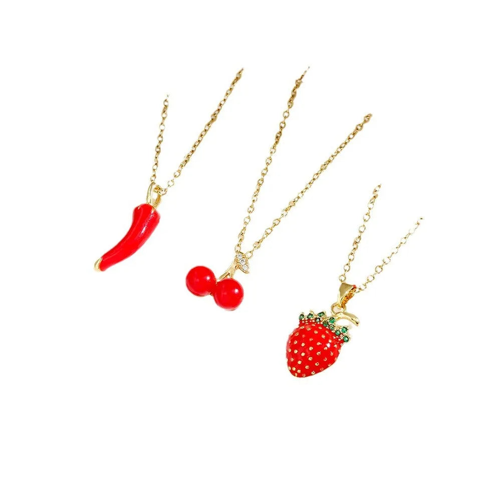 Women's titanium steel necklace with O-ring chain and indie style strawberry, cherry and pepper pendant charms