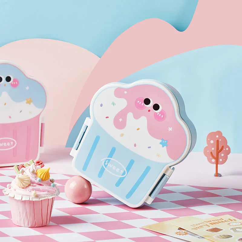 Creative ice cream shaped plastic lunch box with spoon and fork set in blue or pink colours