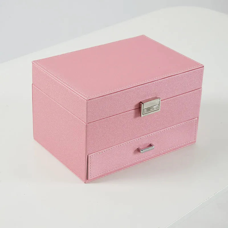 Hard leather jewellery storage box in beige, black, pink, or rose gold colour.