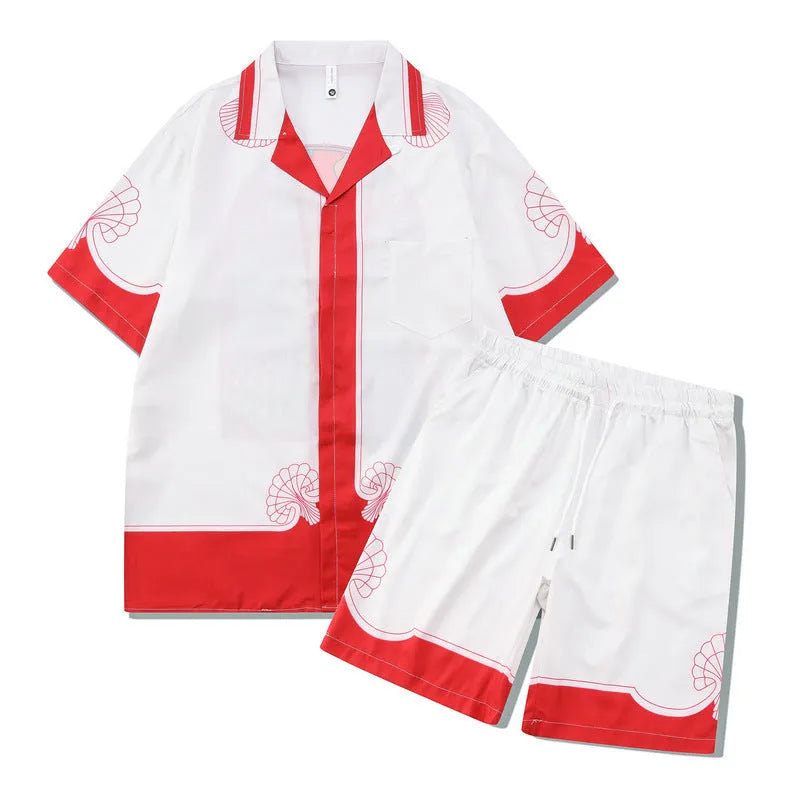 Plaid patterned beach shirt and trousers outfit set for men and women in polyester fabric